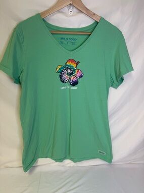 Life Is Good Mint Green V‑Neck Tee with Rainbow Tie‑Dye Hibiscus